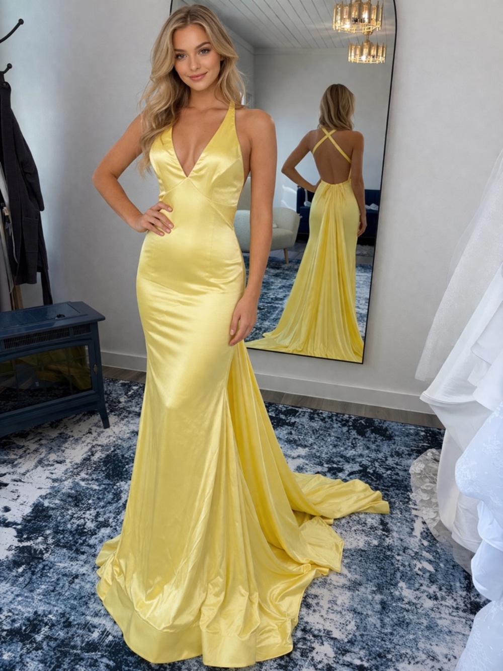 Yellow Satin V-Neck Backless Prom Gown, NWT, XS